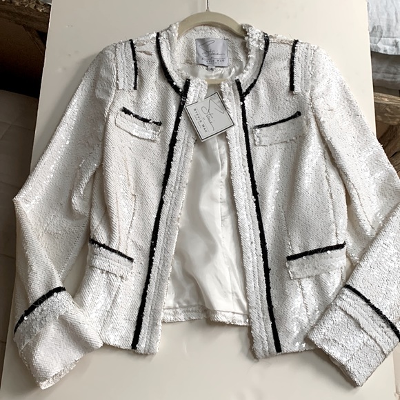 Stevie Mac 🖤🤍NYC Hand Made Couture Like White Sequin Blazer Black Fringe Trim - Picture 6 of 15